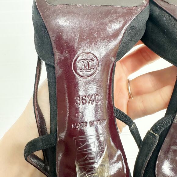 Chanel Slingback Heels 36.5 Black Suede Cap Toe Gold CC Logo Block Heel Vintage - Picture 7 of 11
